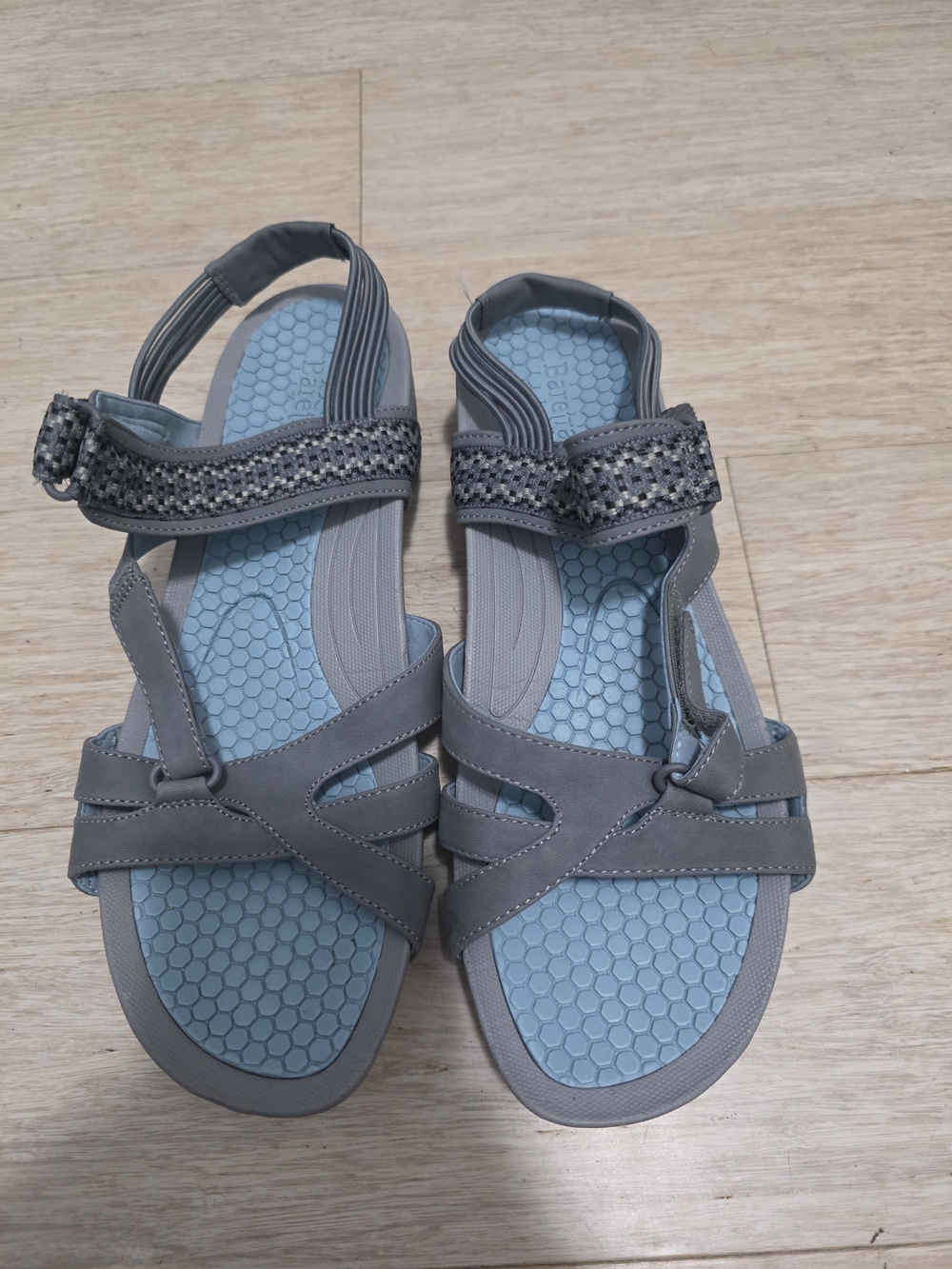 BareTraps Gray Strappy Sandals with Light Blue Footbed